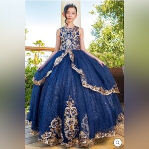 Girls Size 8 Pageant Dress • Cinderella Couture • Navy Blue Gown • Mini Quince